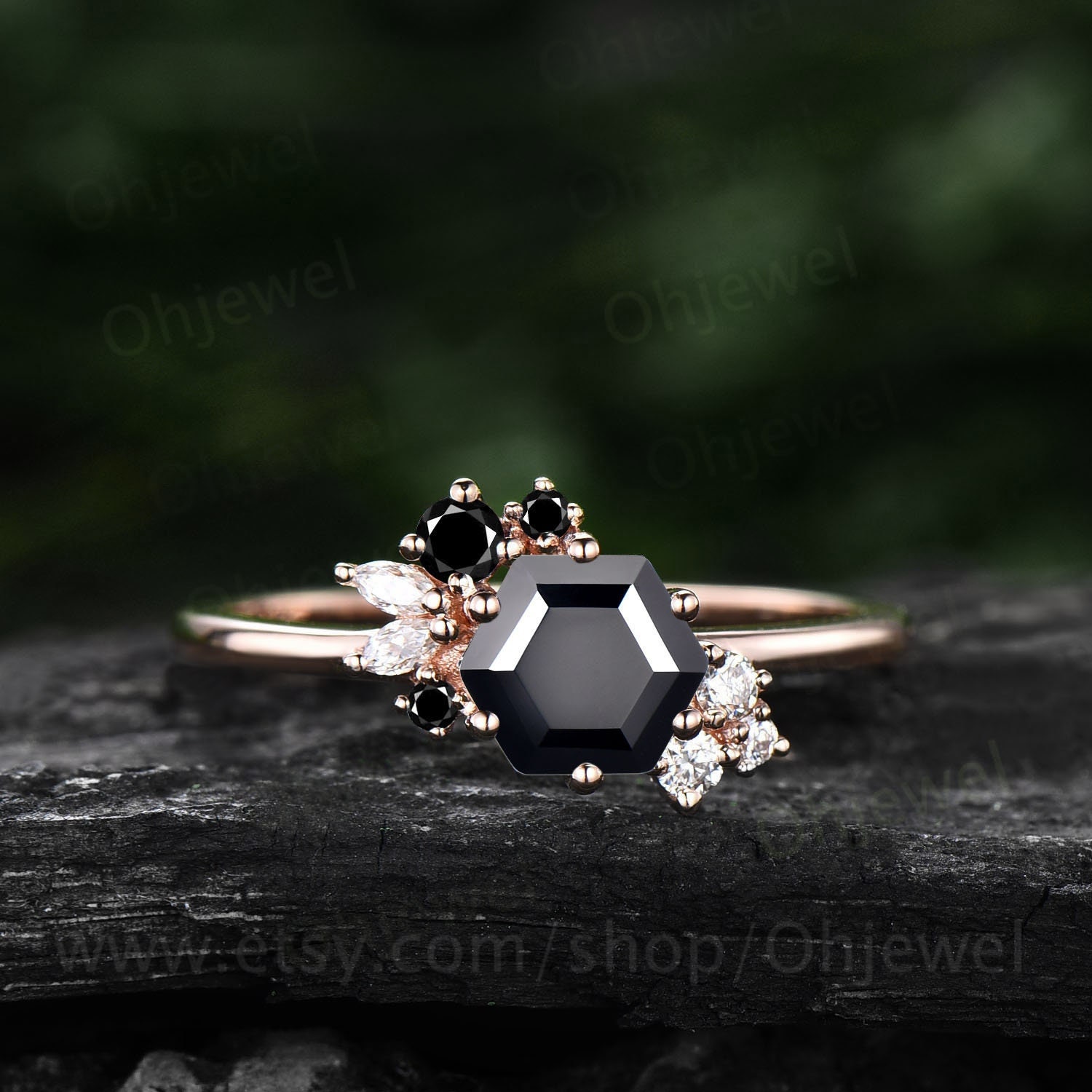 Sechseck Geschliffener Schwarzer Onyx Ring Gold Silber Für Frauen Vintage Einzigartig Cluster Verlobungsring Art Deco Moissanite Versprechen von Ohjewel