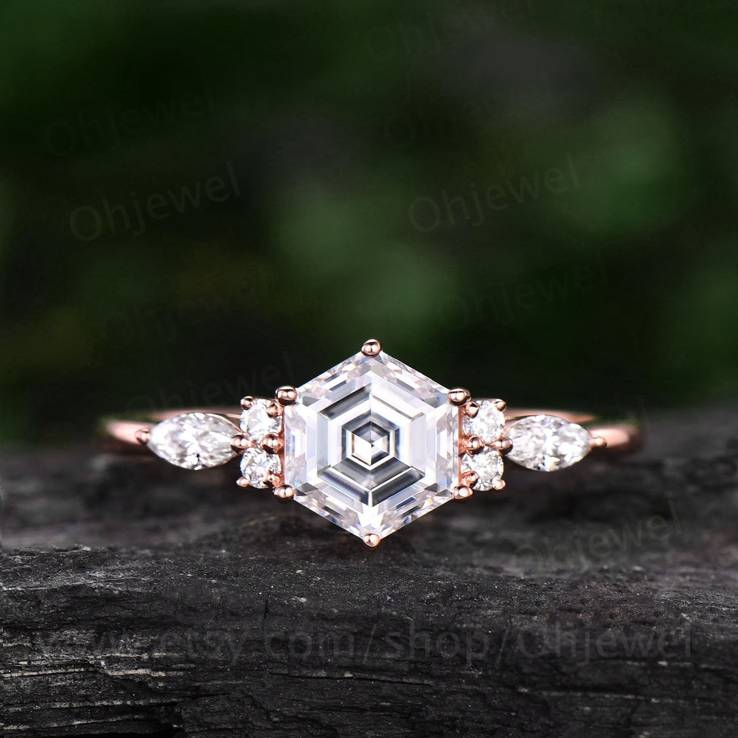 Sechseck Moissanit Ring Für Frauen Vintage Verlobungsring Art Deco Roségold Zierliche Silber 6 Prong Braut von Ohjewel