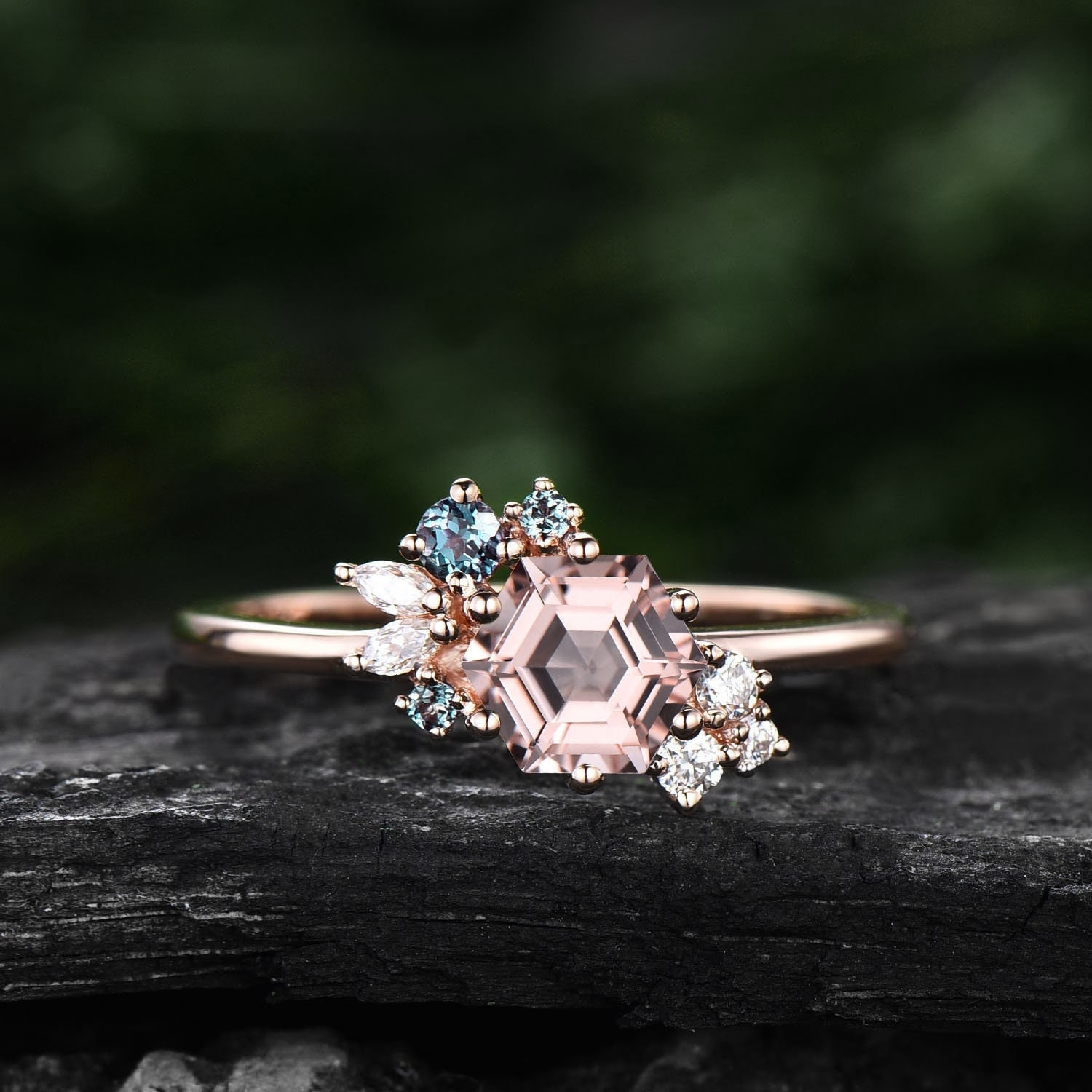 Sechseck Schliff Rosa Morganit Ring Rosegold Vintage Unikat Verlobungsring Cluster Alexandrit Marquise Diamant Ehering Für Frauen von Ohjewel