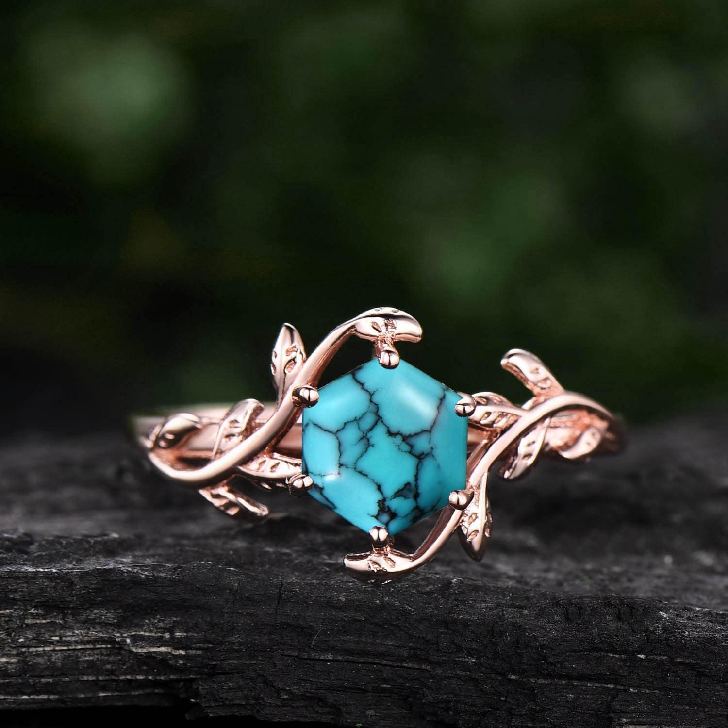 Sechseck Türkis Ring Rosegold Vintage Unikat Blatt Natur Inspiriert Verlobungsring Ranke Hochzeitstag Für Frauen Silber von Ohjewel