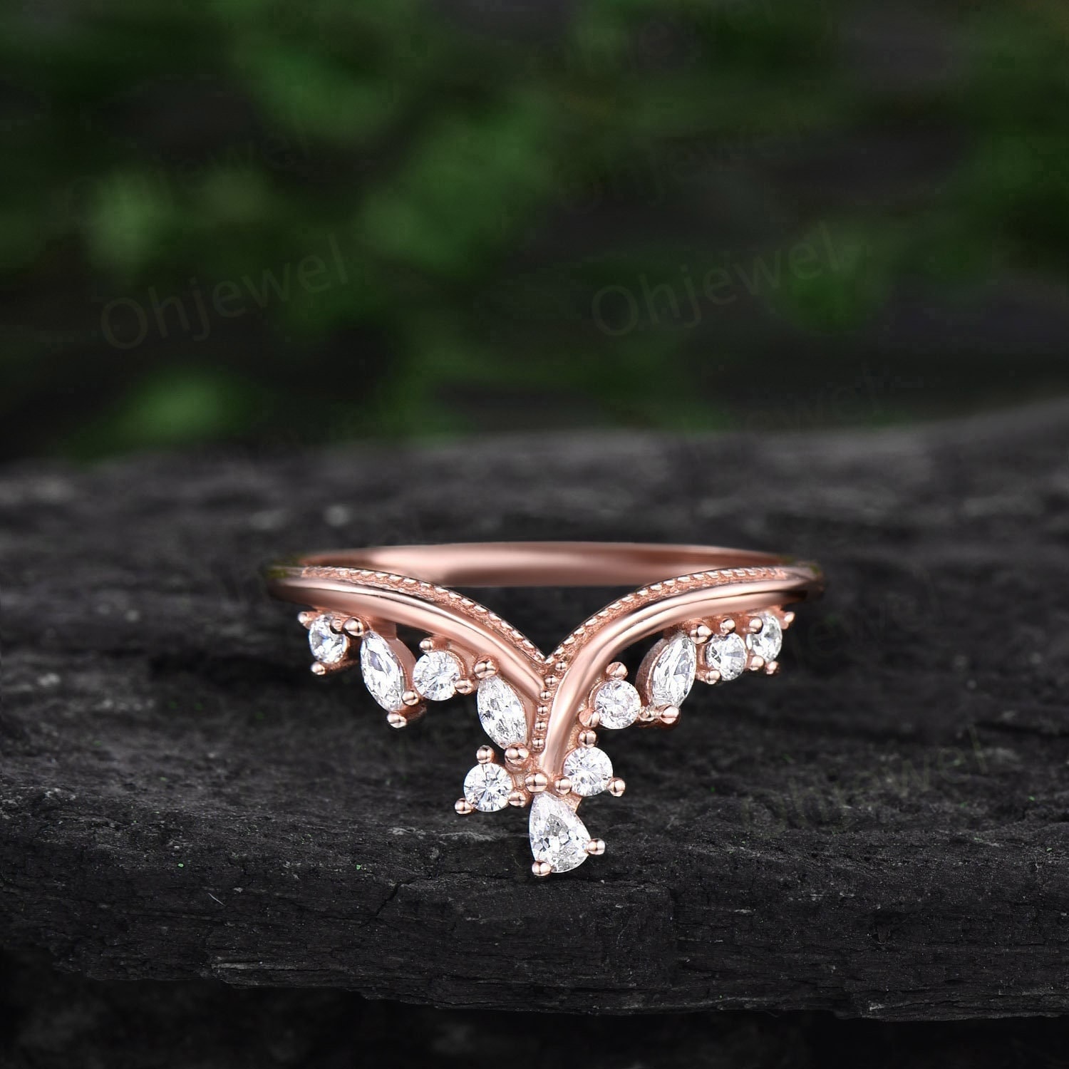 Unikat Birne Marquise Diamant Ehering Band 14K Rosegold Silber Milgrain Geschwungen Cluster Moissanit Stapelring von Ohjewel