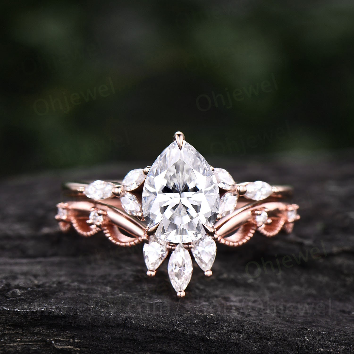 Vintage Birnenförmiger Moissanit Verlobungsring Rosegold Art Deco Blumenring Marquise Cut Ring Krone Ehering Set Für Frauen von Ohjewel