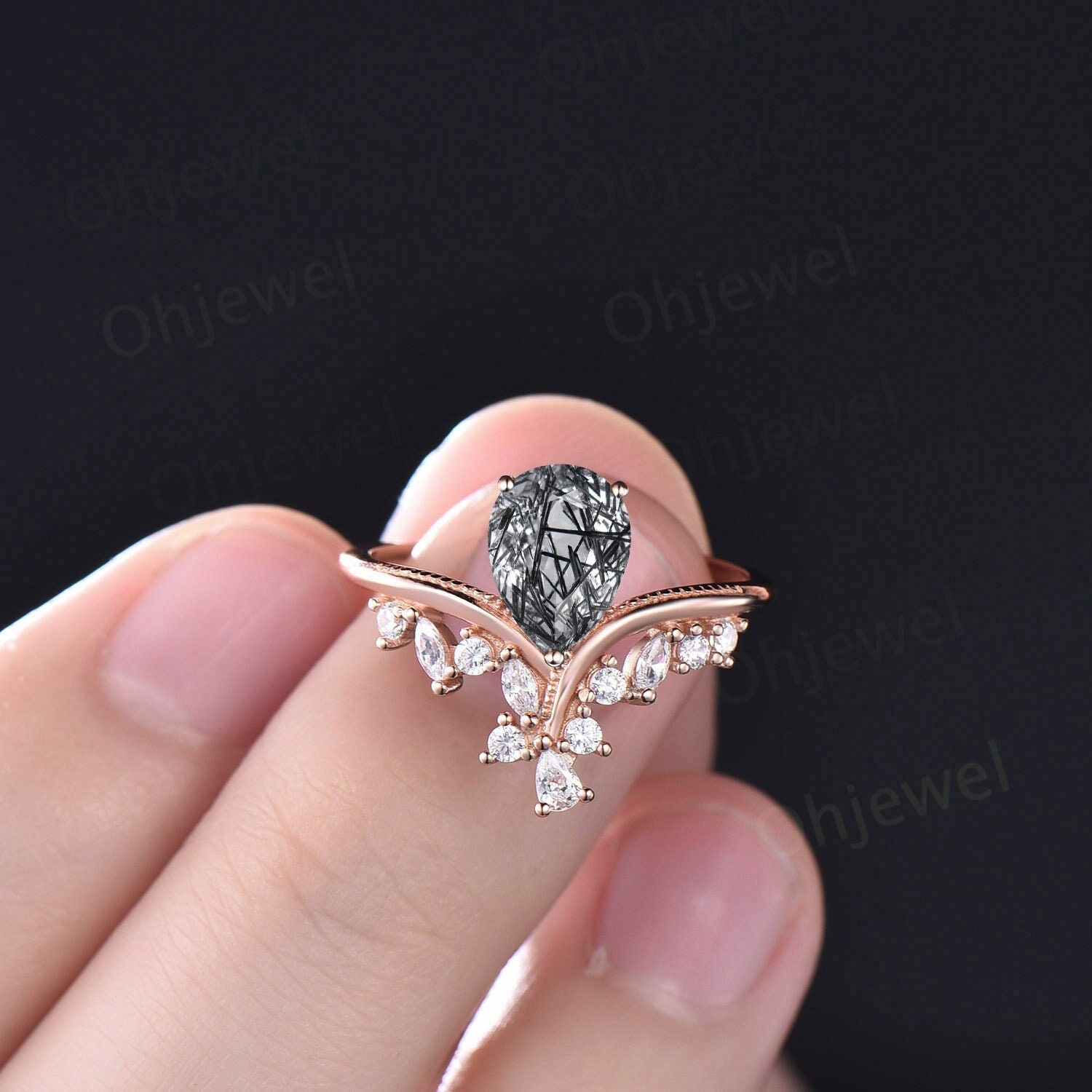 Vintage Birnenförmiger Schwarzer Rutilquarz Ring Cluster Unikat Verlobungsring 14K Roségold Diamant Frauen Versprechen Jubiläumsring von Ohjewel