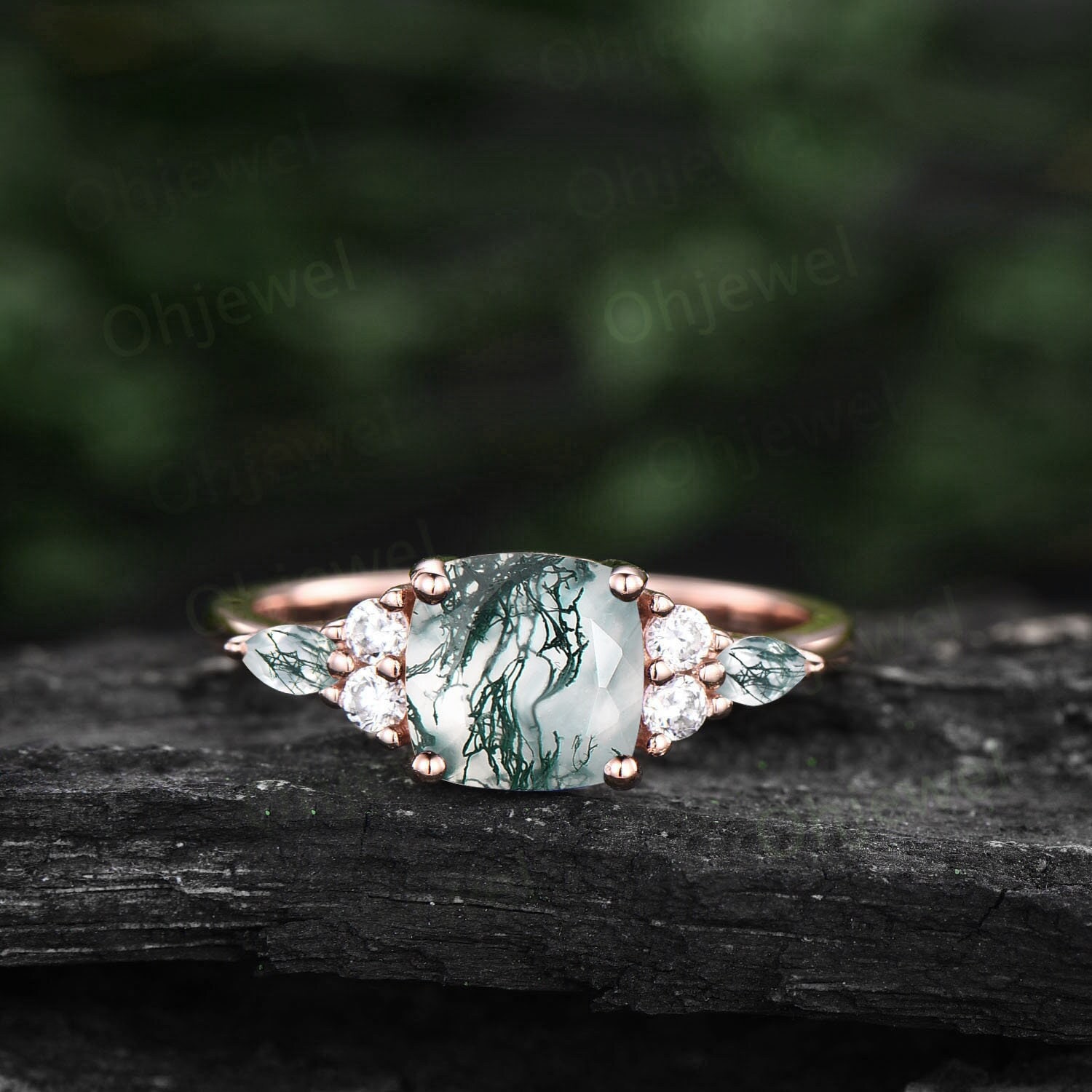 Vintage Kissen Geschliffener Grüner Moosachat Verlobungsring Rosegold Diamant Ring Marquise Schliff Unikat Jahrestag Für Frauen von Ohjewel