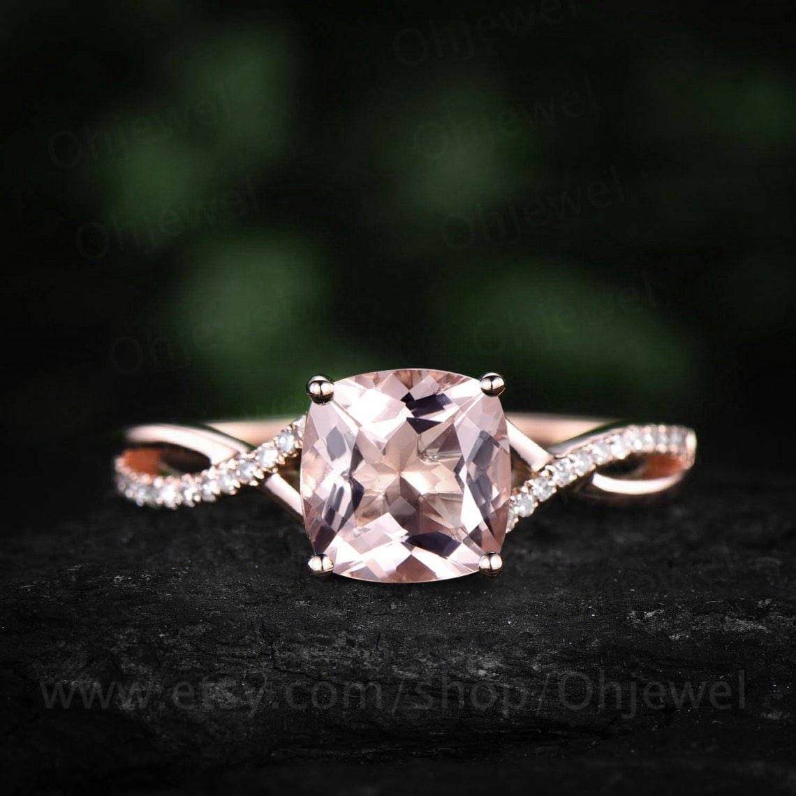 Vintage Kissen Geschnitten Morganit Verlobungsring Massiv 14K Rosegold Unendlichkeit Twisted Halb Ewigkeit Diamant Ring Jahrestag Für Frauen von Ohjewel