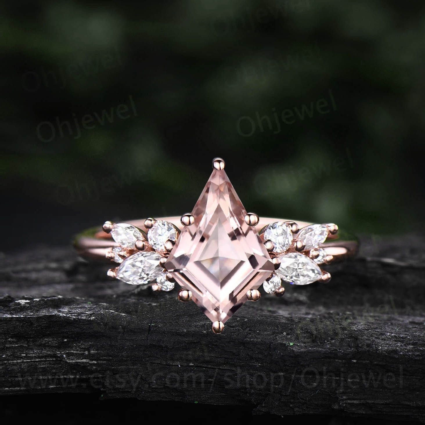 Vintage Kite Cut Rosa Morganit Verlobungsring 14K Roségold Cluster Marquise Diamong Ring Für Frauen 6 Prong Set Ehering von Ohjewel