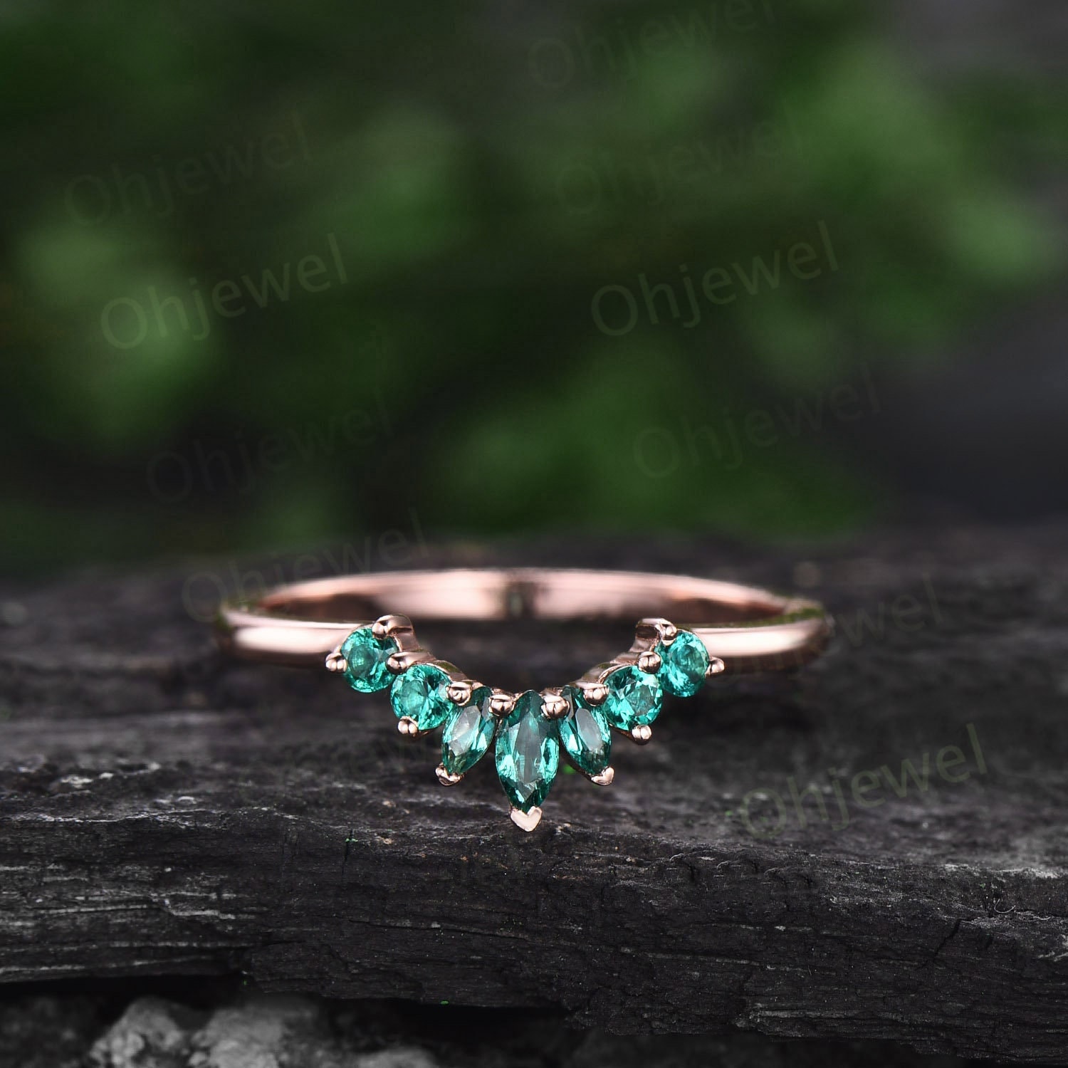 Vintage Marquise Geschliffen Smaragd Hochzeitsband 14K Rosegold Sterling Silber Smaragd Ring Krone Gewölbt Ehering Band Stapelring Damen Geschenk von Ohjewel