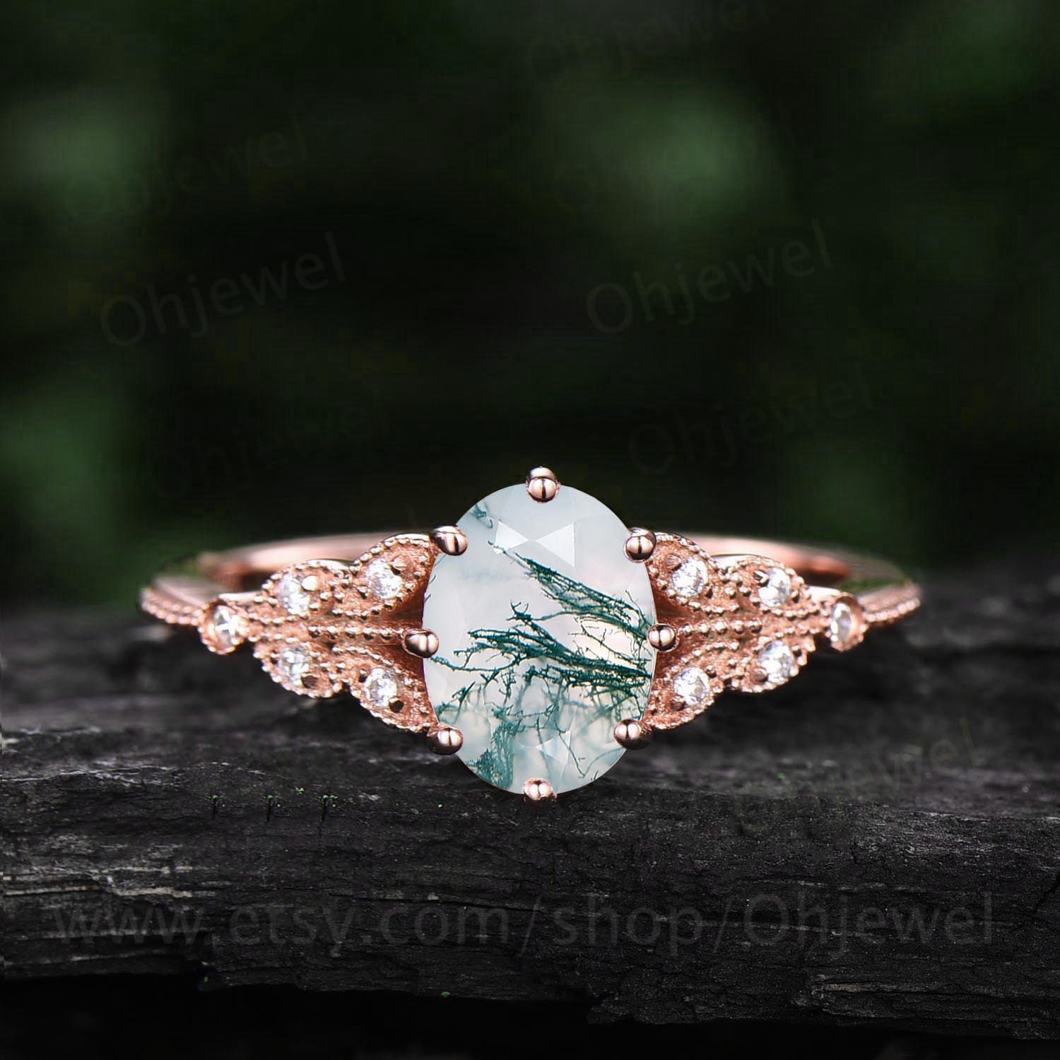 Vintage Ovaler Grüner Moos Achat Verlobungsring Blatt Blume Ring Milgrain Rosegold Moissanit Für Frauen Unikat Braut Ehering von Ohjewel