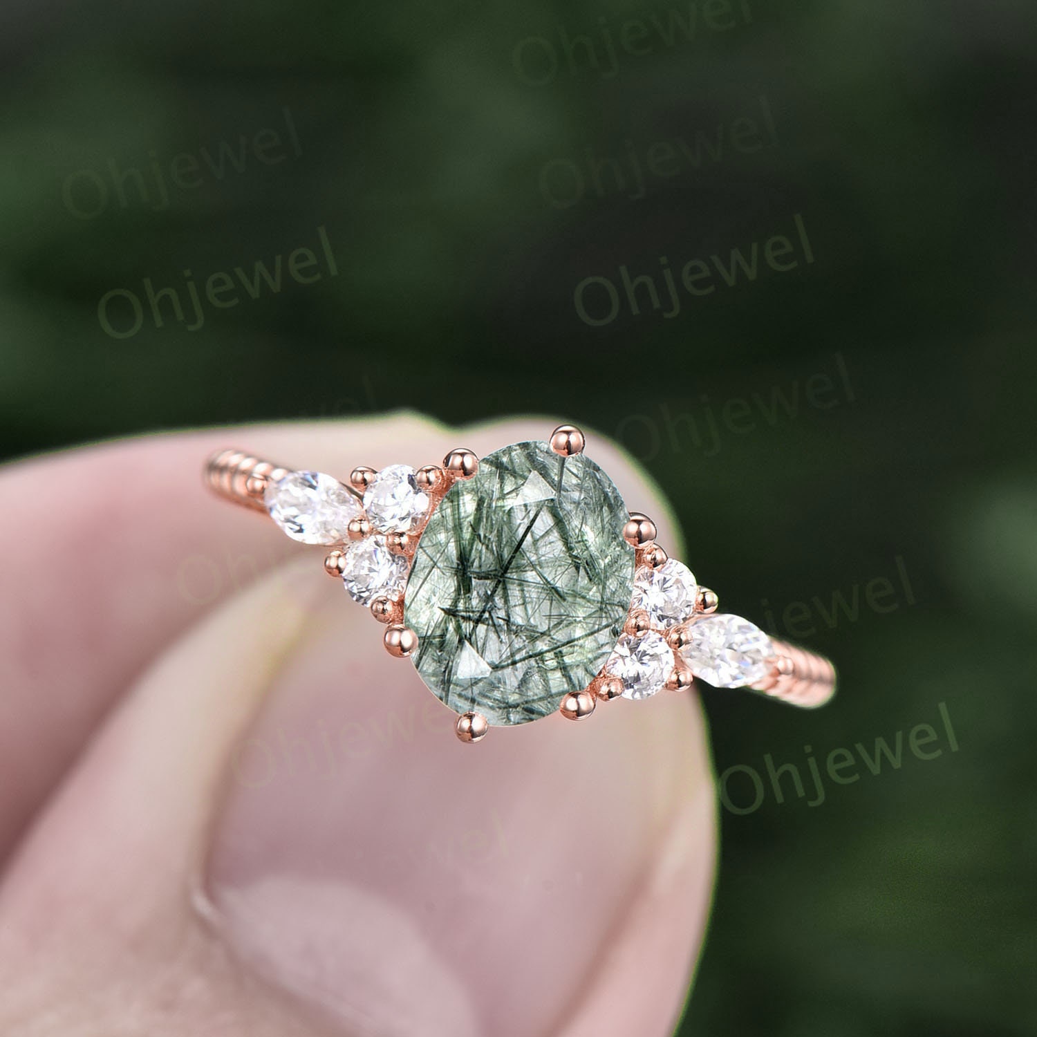 Vintage Ovaler Schliff Grün Rutilquarz Ring Verlobungsring Art Deco Moissanit Damen Massiv 14K Roségold Ehering Geschenk von Ohjewel