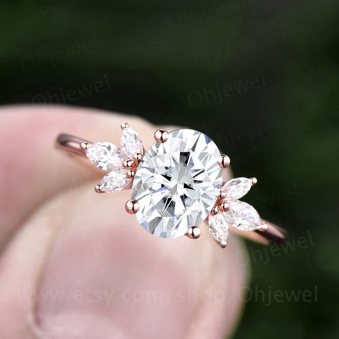 Vintage Ovaler Schliff Moissanit Verlobungsring 14K Roségold Blatt Blume Marquiseschliff Diamant Cluster Ehering Für Frauen von Ohjewel