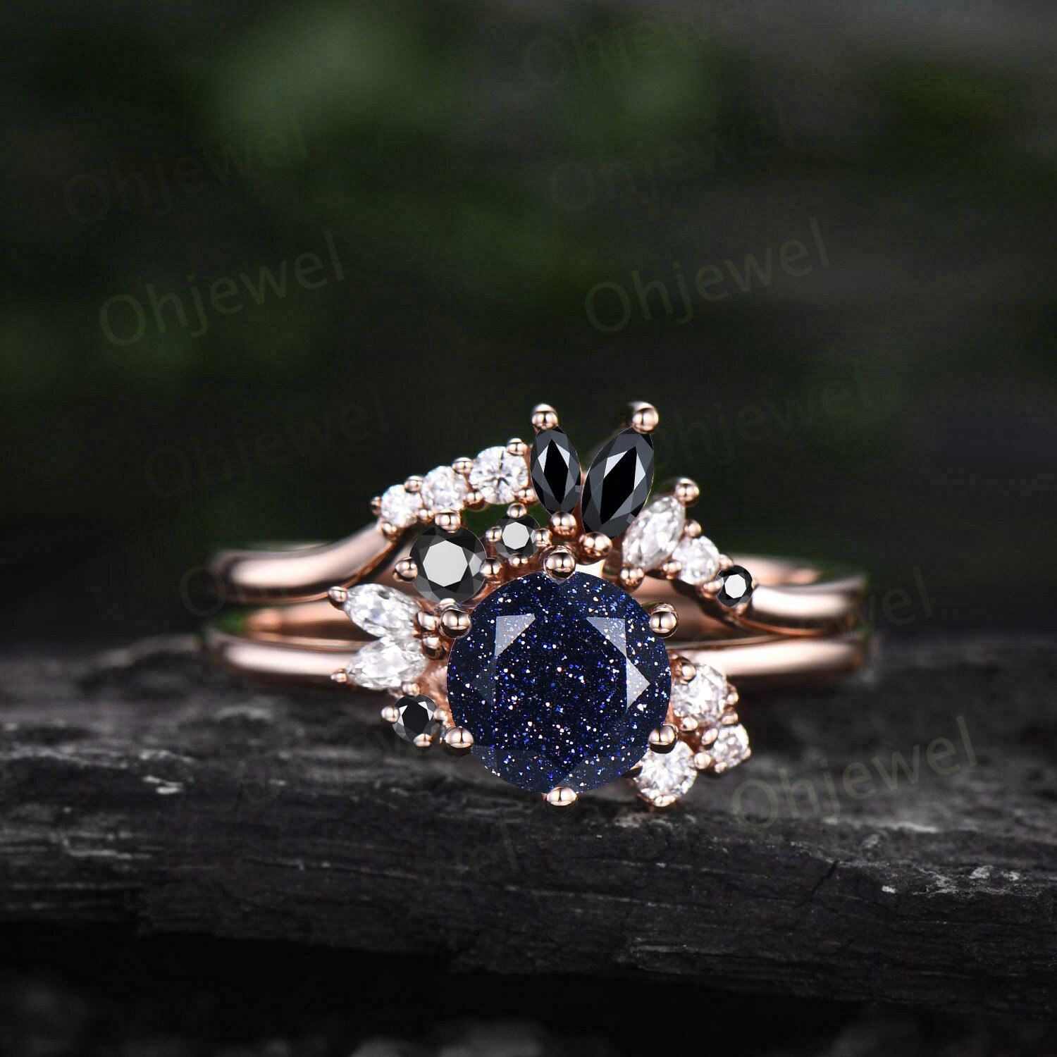 Vintage Rund Geschliffener Blauer Sandstein Verlobungsring Set Roségold Silber Cluster Moissanit Ring Schwarzer Diamant Ehering Für Frauen von Ohjewel