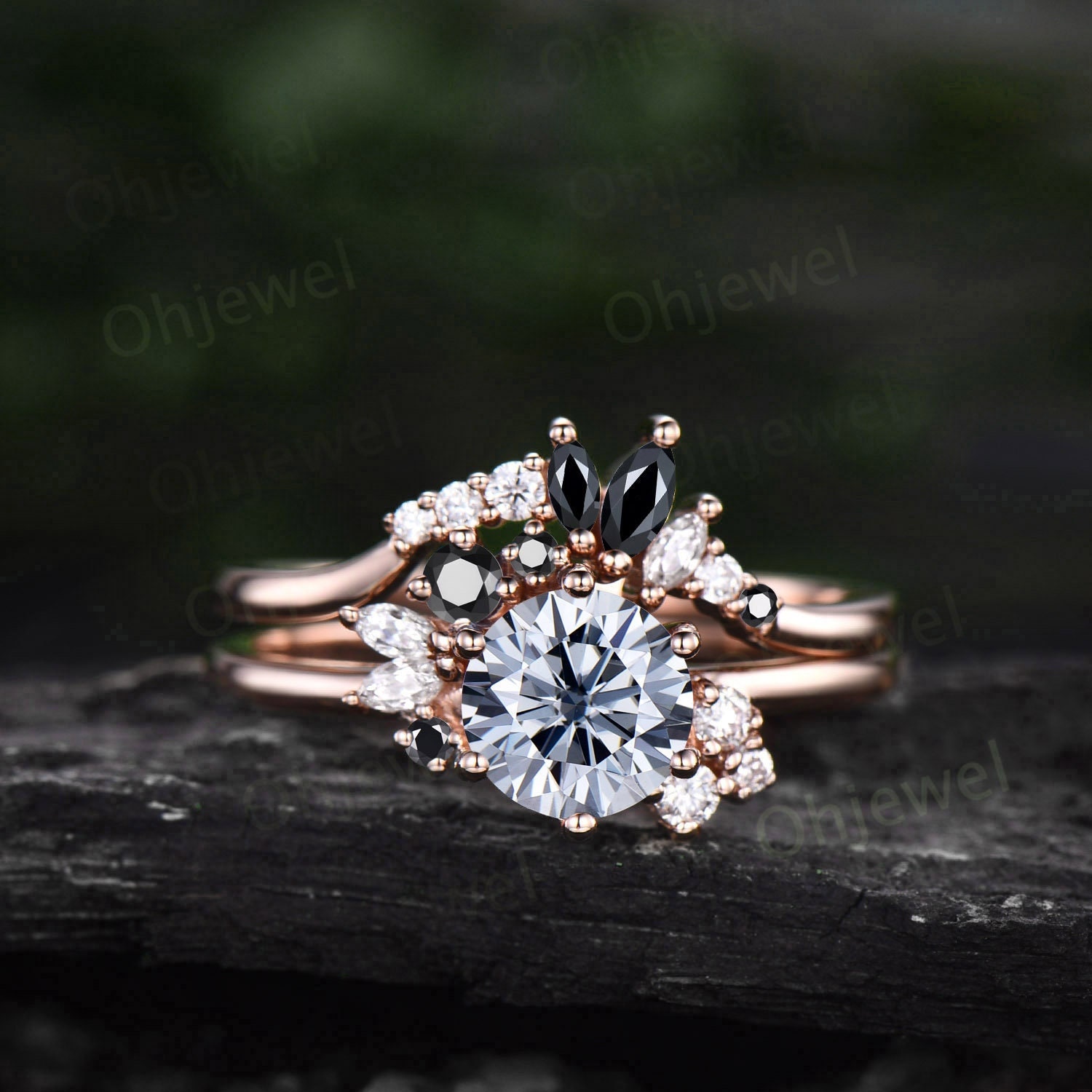 Vintage Rundschliff Grau Moissanite Verlobungsring Set Roségold Art Deco Cluster Schwarzer Diamant Einzigartiges Versprechen Ehering Für Frauen von Ohjewel