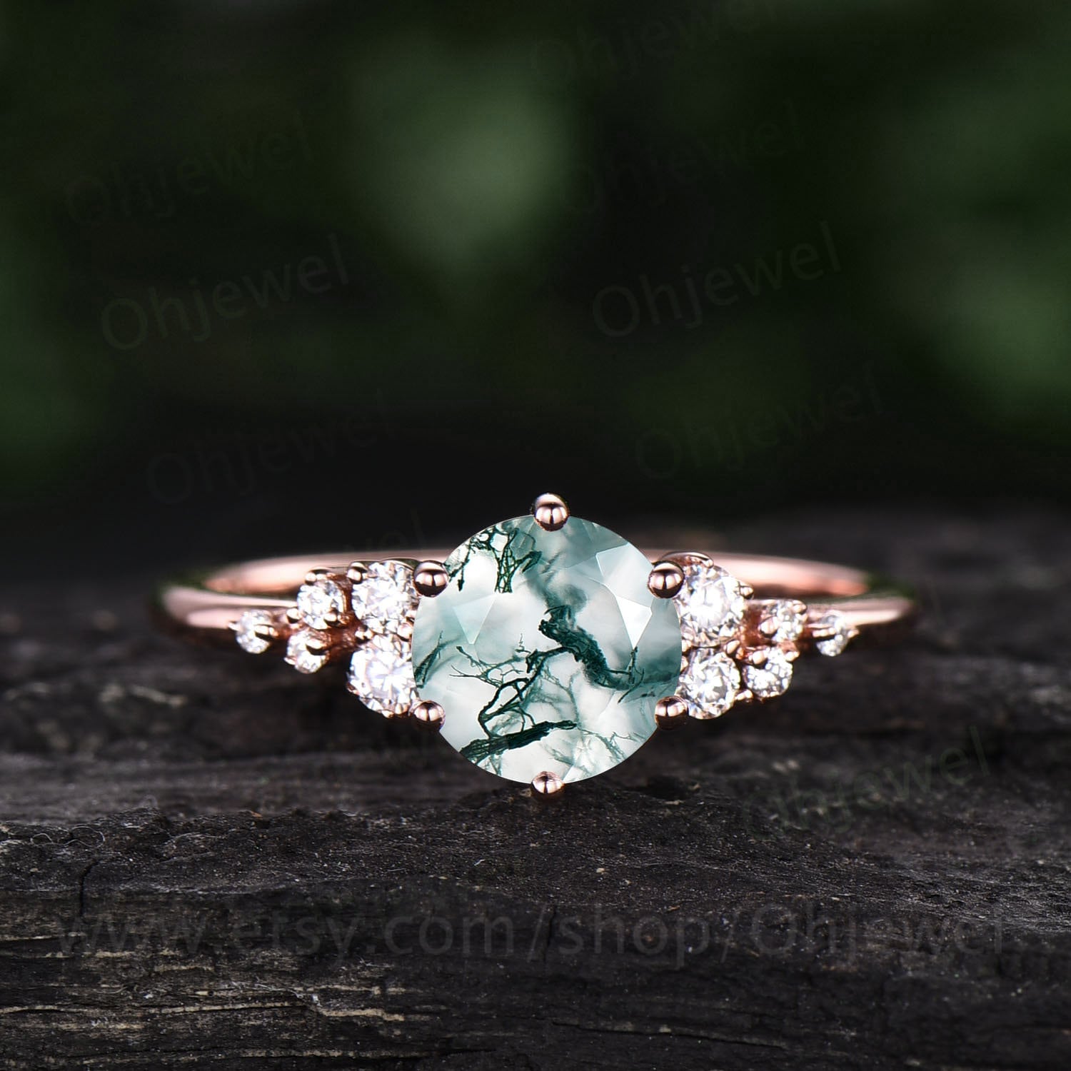 Vintage-Verlobungsring Mit Grünem Moosachat Im Rundschliff, 14 Karat Roségold, Einzigartiger Cluster-Schneewehe-Diamantring Für Frauen von Ohjewel