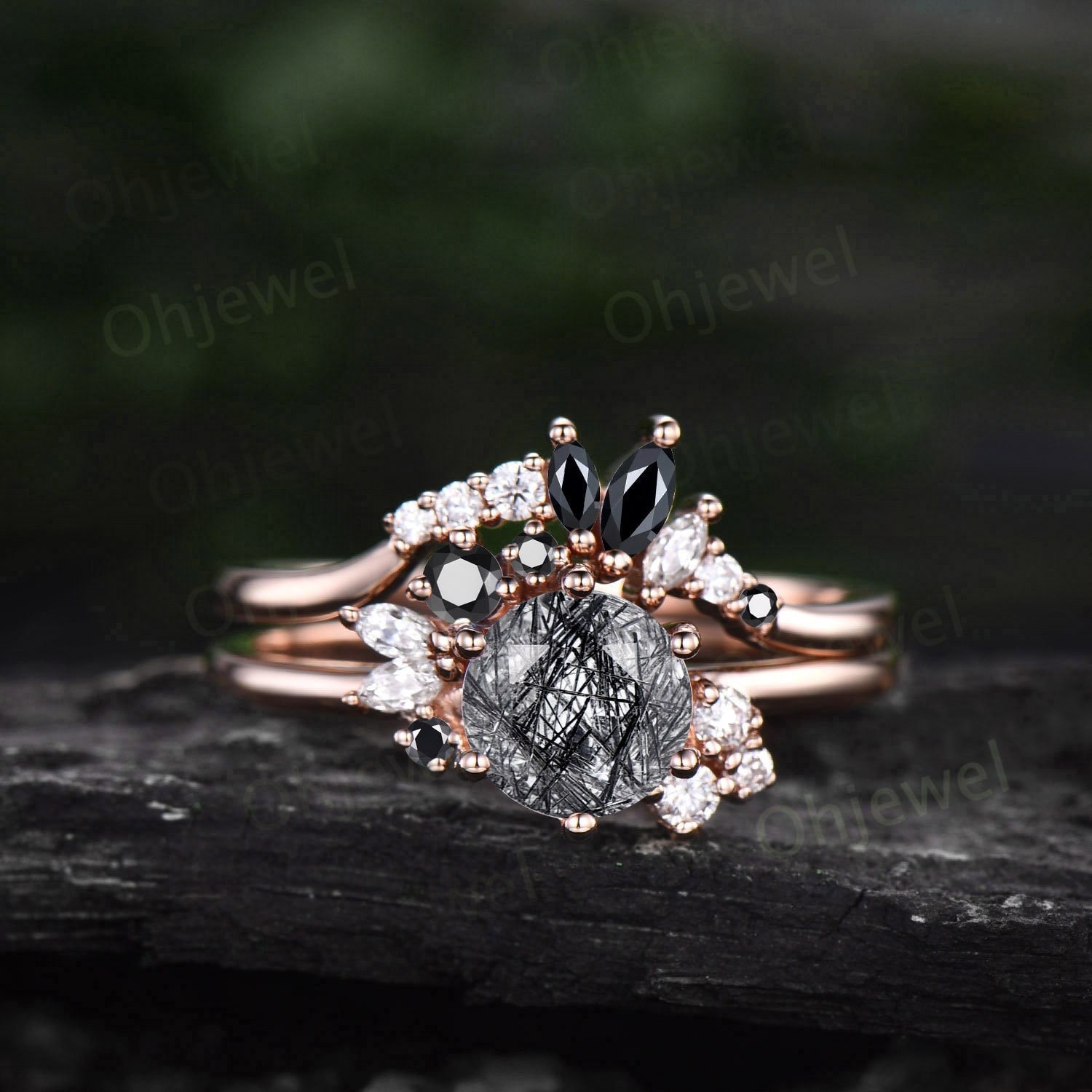 Vintage Rundschliff Schwarz Rutilquarz Verlobungsring Set Roségold Cluster Moissanit Ring Diamant Ehering Für Frauen von Ohjewel