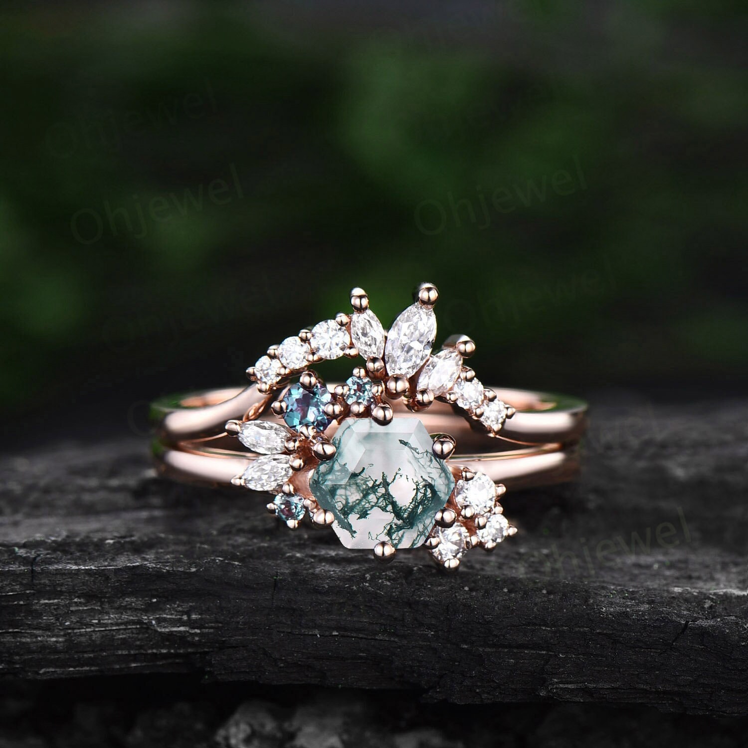 Vintage Sechseck Schliff Grüner Moosachat Verlobungsring Set Rosegold Art Deco Cluster Moissanit Ring Brautring Frauen Geschenke von Ohjewel