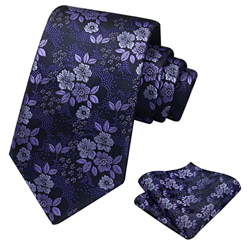 Ohlimuc Herren Krawatte Blau Blumen, Krawatten für Herren Schmal Elegant Krawatte Einstecktuch Set für Geschäftlicher Anlass, Seide Krawatten Taschentuch für Festival Party von Ohlimuc