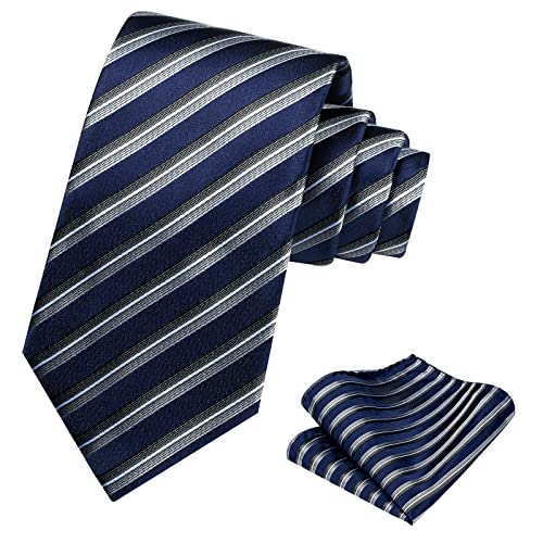 Ohlimuc Herren Krawatte Streifen, Elegant Krawatte Weiß Schwarz Einstecktuch Set für Herren, Seide Krawatten Taschentuch für Business Party von Ohlimuc