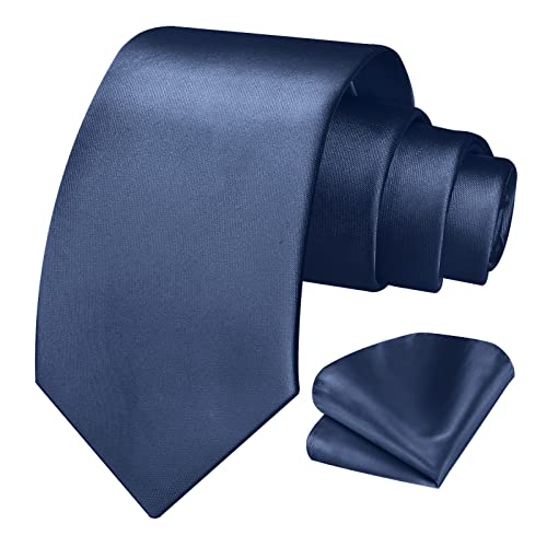 Ohlimuc Krawatten Set Herren (8.5cm), Einfarbig Satin Krawatte Einstecktuch Set, Klassisch Elegant Hochzeit Krawatte Taschentuch für Formelle Kleidung, Feier, Partys (Geschenkbox) - Navy Blau von Ohlimuc