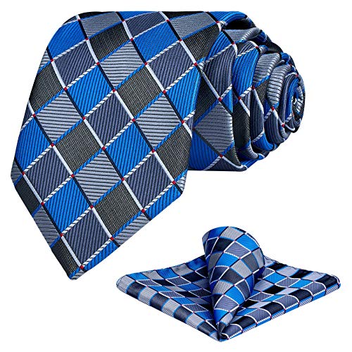 Ohlimuc Krawatten Set Herren Krawatte Einstecktuch Set Kariert Hochzeit Krawatte Taschentuch Formal Klassisch - Blau/Grau/Schwarz von Ohlimuc