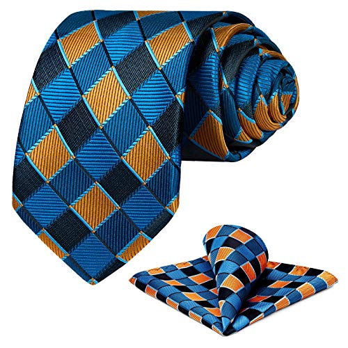 Ohlimuc Krawatten Set Herren Krawatte Einstecktuch Set Kariert Hochzeit Krawatte Taschentuch Formal Klassisch - Blau/Orange/Schwarz von Ohlimuc