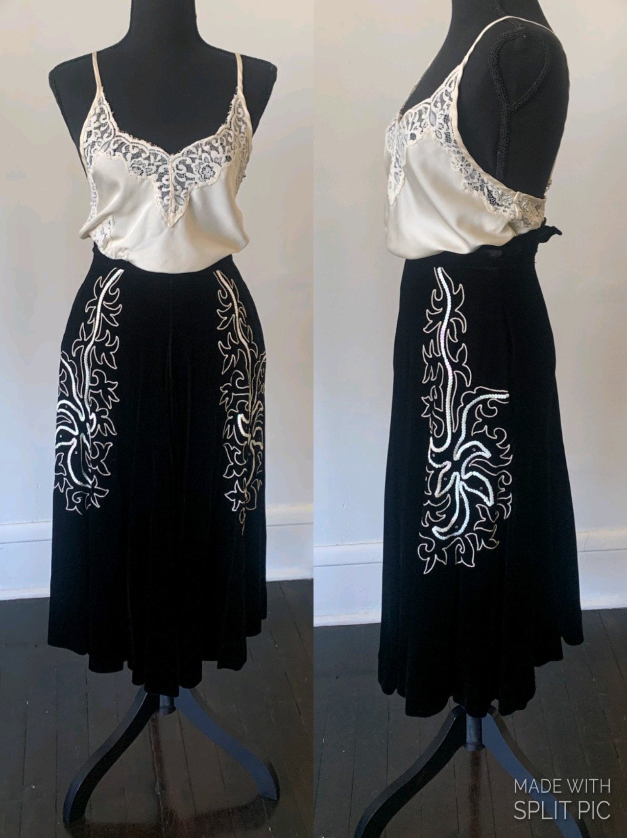 Seltener Vintage Black Velvet 1940Er Rockabilly Weißer Pailletten Midi Rock von Ohluluvintage