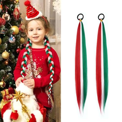 2 Pack Colored Braid Ponytail Extensions 26 Inch for Women Girls - Green, Red, White - Christmas, Braiding, Crazy Hair Day Accessories with Hair Tie von Ohobloom Hair