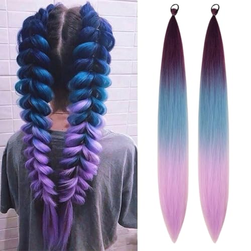 2PCS Long Braid Ponytail Extensions with Hair Elastic Tie, 26 inch Gradient Purple Pink Blend Hair Extensions, Straight Sleek Wrap Around Hairpiece for Women Decoration von Ohobloom Hair