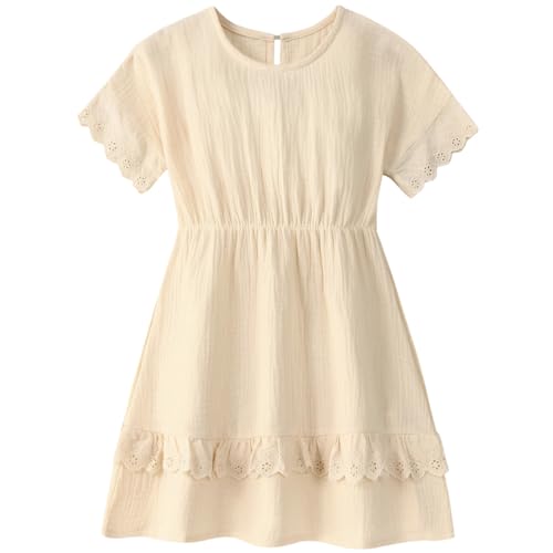Toddler piger kjole børnekjoler bomuld ensfarvet kjole A-line afslappet kjole festlig prinsesse Sommerkleid efterår kjole（beige,3-4 Jahre） von Ohohyy