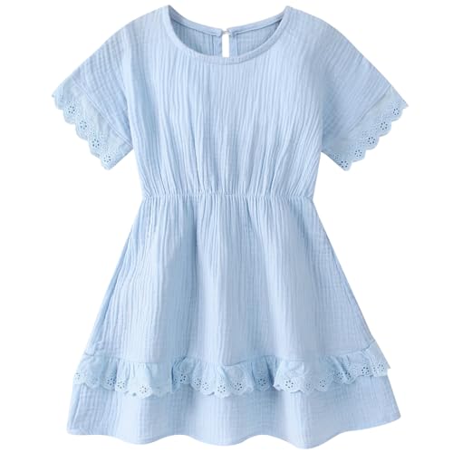 Toddler piger kjole børnekjoler bomuld ensfarvet kjole A-line afslappet kjole festlig prinsesse Sommerkleid efterår kjole（lyseblå,5-6 Jahre） von Ohohyy