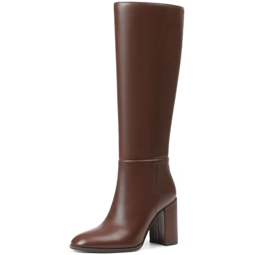 Oiamenne Kniehohe Damenstiefel, runder Zehenbereich, klobiger hoher Absatz, hohe Stiefel mit seitlichem Reißverschluss, modische breite Waden-Stiefel für Damen, Braun, 36 EU von Oiamenne