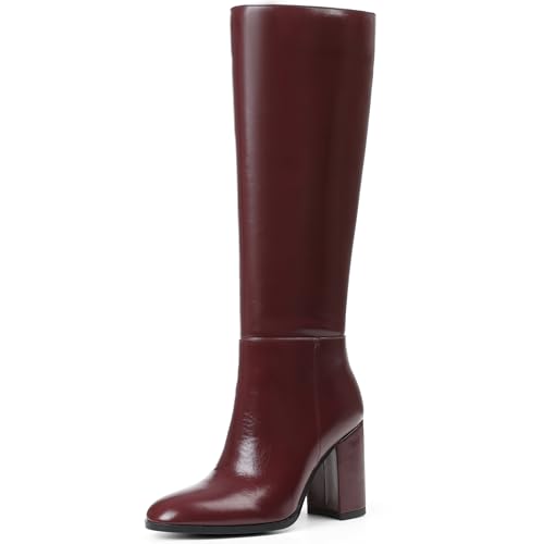 Oiamenne Kniehohe Damenstiefel, runder Zehenbereich, klobiger hoher Absatz, hohe Stiefel mit seitlichem Reißverschluss, modische breite Waden-Stiefel für Damen, Burgunder, 38.5 EU Oiamenne Kniehohe Damenstiefel, runder Zehenbereich, klobiger hoher Absatz, hohe Stiefel mit seitlichem Reißverschluss, modische breite Waden-Stiefel für Damen, Burgunder, 38.5 EU von Oiamenne