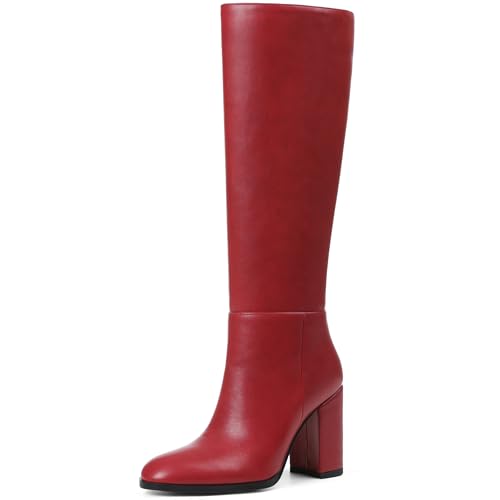 Oiamenne Kniehohe Damenstiefel, runder Zehenbereich, klobiger hoher Absatz, hohe Stiefel mit seitlichem Reißverschluss, modische breite Waden-Stiefel für Damen, Rot/Ausflug, einfarbig (Getaway Solids Oiamenne Kniehohe Damenstiefel, runder Zehenbereich, klobiger hoher Absatz, hohe Stiefel mit seitlichem Reißverschluss, modische breite Waden-Stiefel für Damen, Rot/Ausflug, einfarbig (Getaway Solids von Oiamenne