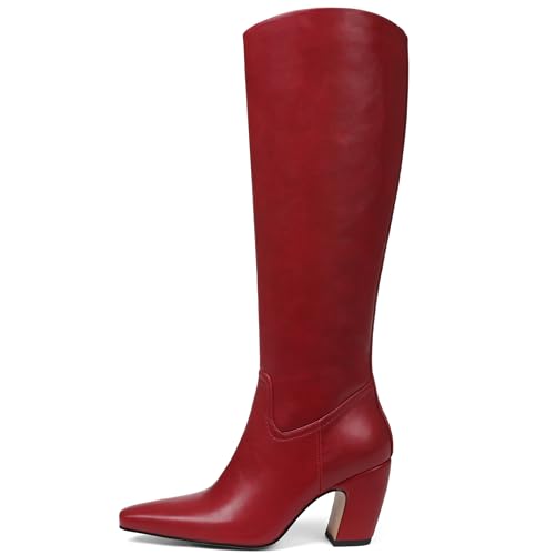 Oiamenne Kniehohe Stiefel für Damen, quadratischer Zehenbereich, breiter Absatz, Leder, hohe Stiefel mit seitlichem Reißverschluss, modisch, breite Wade, lange Stiefel, Rot/Ausflug, einfarbig (Getaway Oiamenne Kniehohe Stiefel für Damen, quadratischer Zehenbereich, breiter Absatz, Leder, hohe Stiefel mit seitlichem Reißverschluss, modisch, breite Wade, lange Stiefel, Rot/Ausflug, einfarbig (Getaway von Oiamenne