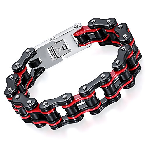 OIDEA Herren Armband Fahrradkette Motorradkette: Rot Armkette aus Edelstahl 16MM breit Biker Gliederkette Armreif Armschmuck Punk Rock Handgelenk 22CM Armkette Geschenk für Männer von OIDEA