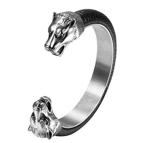 OIDEA Herren Armband Wolfskopf Offen: aus Leder Edelsathl Doppelner Wolf Kopf Schwarz Biker Vintage Armreif Handgelenk Retro Schmuck Geschenk für Männer Jungen von OIDEA