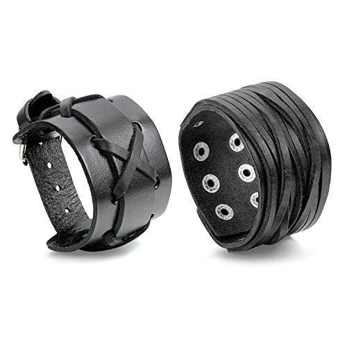 OIDEA Herren Leder Armband Set (2PCS), Punk Rock Stil 3.5cm-4.1cm Breite Groß geflochtene handgefertigt Manschette Kordelkette Druckknopf Armreifen, Legierung, braun Silber (Breit 2pcs) von OIDEA