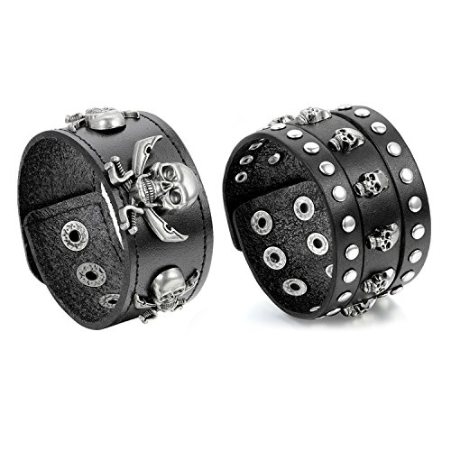 OIDEA Herren Leder Armband Set (3PCS), Punk Rock Stil 3.5cm-4.1cm Breite Groß geflochtene handgefertigt Manschette Kordelkette Druckknopf Armreifen, Legierung, braun Silber (Totenkopf 2pcs) von OIDEA