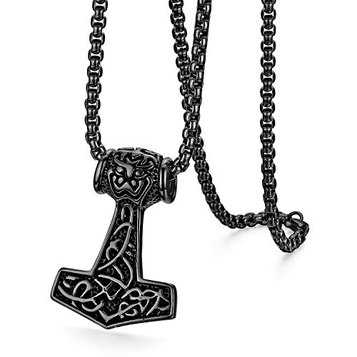 OIDEA Herren Halskette mit Thors Hammer Anhänger: Schwarz Kette mit Weizenkette aus Edelstahl Biker Vintage Retro Schmuck Geschenk für Männer Junge von OIDEA