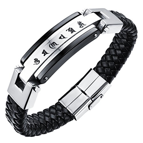 OIDEA Herren Armband,Biker Geflochten lederband Glieder Link Handgelenk mit Sechs Worte von Mantra Edelstahl Biker Magnet Verschluss Armreifen, schwarz silber von OIDEA