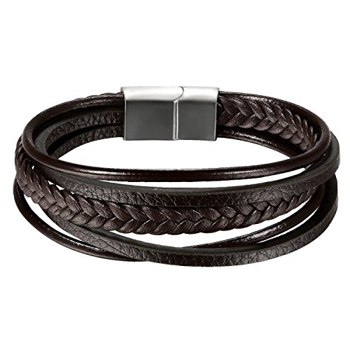 OIDEA Herren Leder Armband, Vintage Multi Geflochten Lederband Seilketten Kordelkette Edelstahl Biker Magnet Verschluss Armreifen, Silber braun von OIDEA