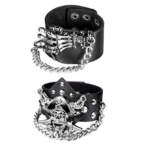 OIDEA Herren Leder Schädel Armband Set, Punk Rock Stil Breite Groß geflochtene handgefertigt Manschette Kordelkette Druckknopf Totenkopf Armreifen, Legierung, braun Silber (Punk Rock 2pcs) von OIDEA