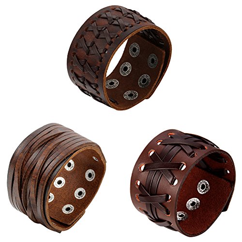 OIDEA Retro Echtleder Armband braun breit Set, Punk Stil mit Druckknopf, 3Pcs von OIDEA