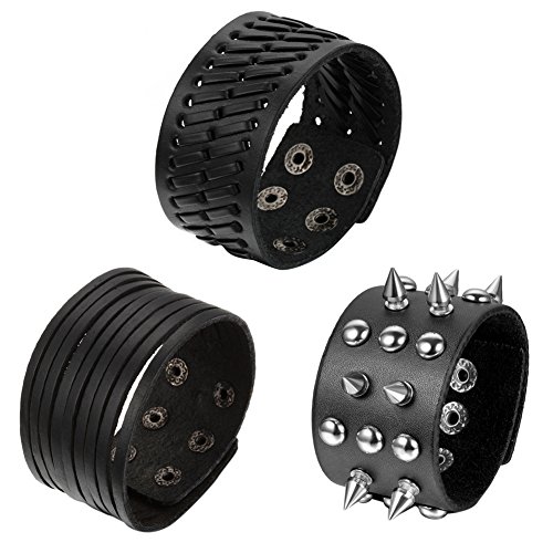 OIDEA Herren Leder Armband Set (3PCS), Punk Rock Stil 3.5cm-4.1cm Breite Groß geflochtene handgefertigt Manschette Kordelkette Druckknopf Armreifen, Legierung, braun silber (Schwarz Set) von OIDEA