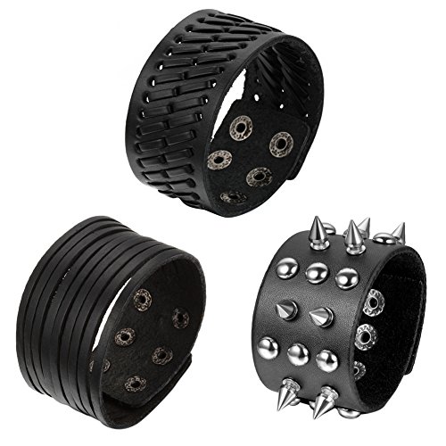 OIDEA Herren Leder Armband Set (3PCS), Punk Rock Stil 3.5cm-4.1cm Breite Groß geflochtene handgefertigt Manschette Kordelkette Druckknopf Armreifen, Legierung, braun Silber (Schwarz Set) von OIDEA