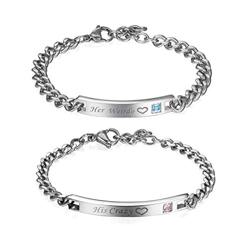 OIDEA "His Crazy und Her Weirdo Schrift Curb Zirkonia Silber Armband mit Gravur partnerarmband aus Edelstahl Pärchen Armreifen für verliebte Herren Damen von OIDEA