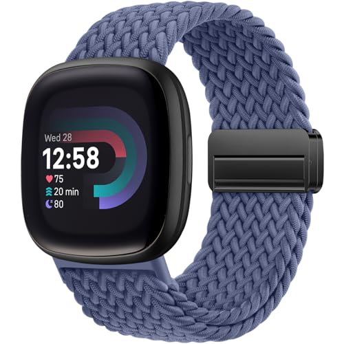 Oielai Geflochtene Armband Kompatibel mit Fitbit Versa 4 Armband, Versa 3, Weiche Nylon Sport Band mit Magnetverschluss für Fitbit Sense 2, Sense für Herren Damen, Bläugrau von Oielai