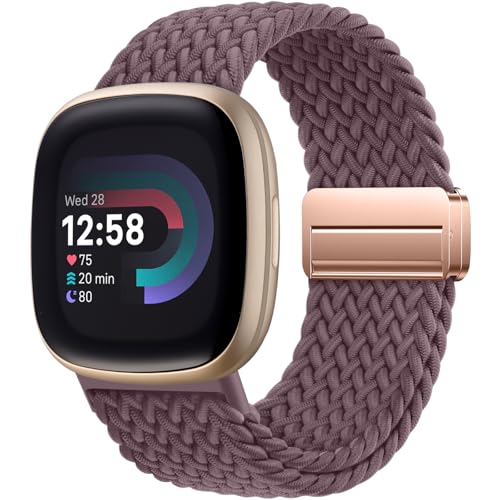 Oielai Geflochtene Armband Kompatibel mit Fitbit Versa 4 Armband, Versa 3, Weiche Nylon Sport Band mit Magnetverschluss für Fitbit Sense 2, Sense für Herren Damen, Rauchpurpur von Oielai