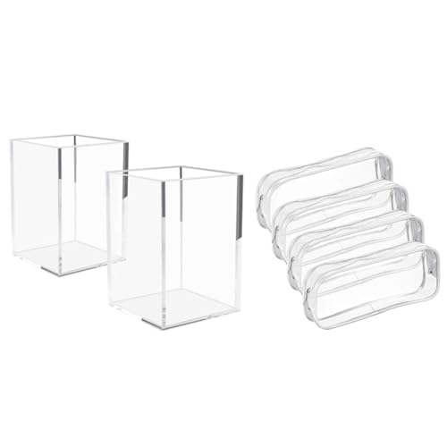 Oikabio 2 x Acryl-Stifthalter, transparenter Schreibtisch-Bleistift-Organizer und 4 x Federmäppchen mit Reißverschluss, Federmäppchen, Make-up-Tasche, durchsichtig von Oikabio