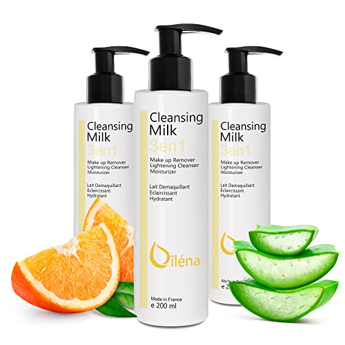 3in1 Reinigungsmilch & Make-Up Entferner | Für empfindliche Haut | Mit Vitamin E, Aloe Vera, Papaya-Extrakt und Mandelöl | Vegan, parabenfrei | Aufhellende Wirkung, 3 x 200 ml von Oïléna