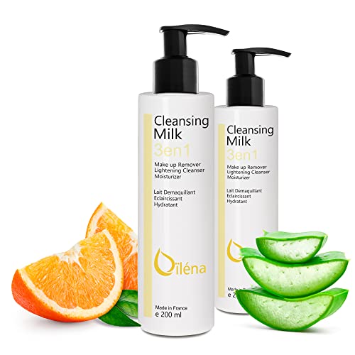 Mizellen-Reinigungsmilch für, Vitamin E und Aloe Vera, 3-in-1 Make-up, Entferner, gegen Flecken und Poren, Feuchtigkeitsspendende Milch, Augenpartie, Entfernt Unreinheiten, 2 x 200 ml von Oïléna